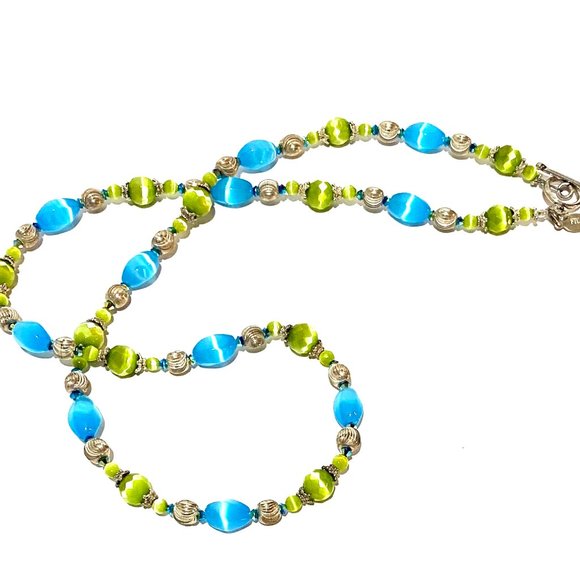 Handmade Blue and Green Cats Eye Sterling Silver 22 Inch Artisan Beaded Necklace - Picture 4 of 11